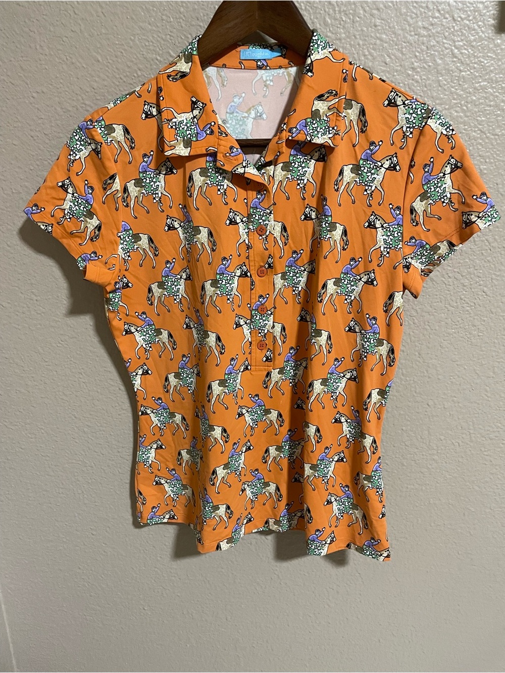 Women’s Orange Short-Sleeve Button-Down Shirt with Equestrian Print